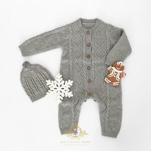 NWT Cute Kids Knit One-piece Bodysuit Sweater Romper & Cap Athletic Gray 18-24M